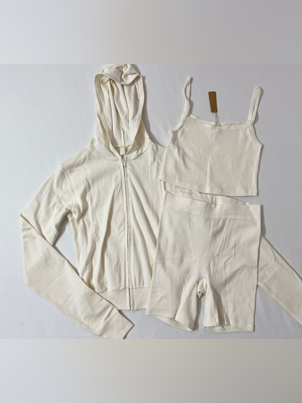 SKIMS Logo Pointelle Full Zip Up Jacket + Tank Crop Top + Boxer Shorts Short Set